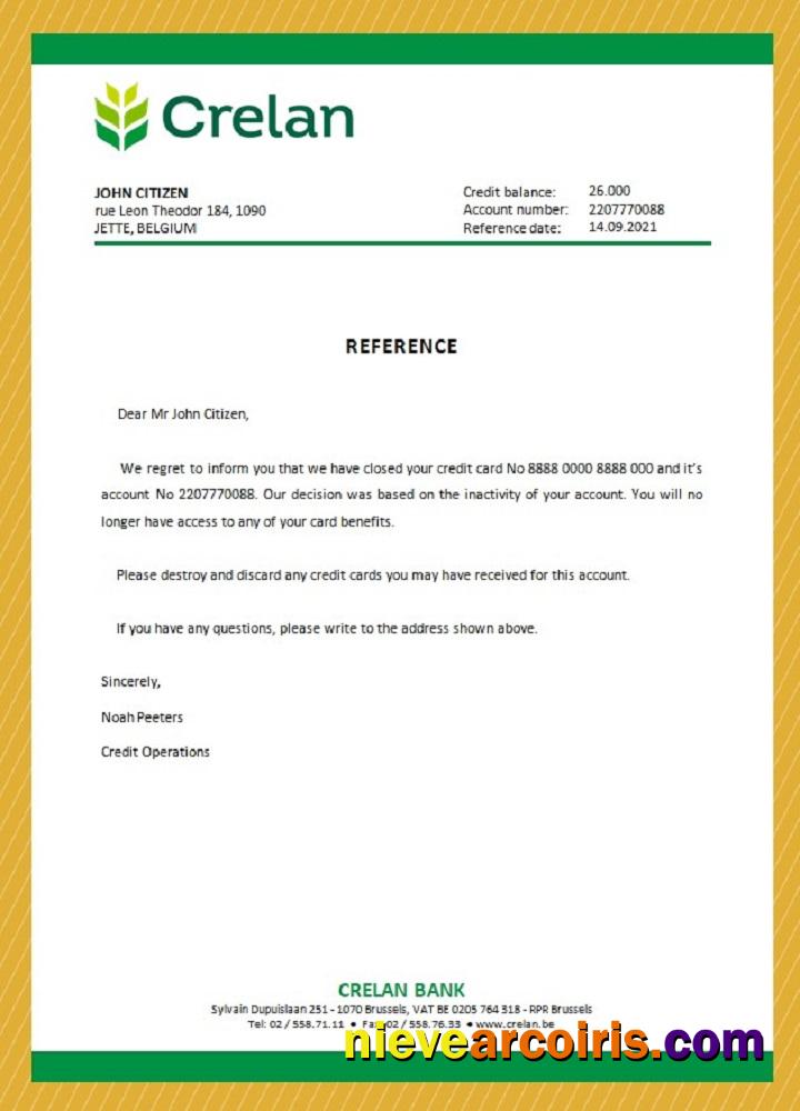 Belgium Crelan closure reference